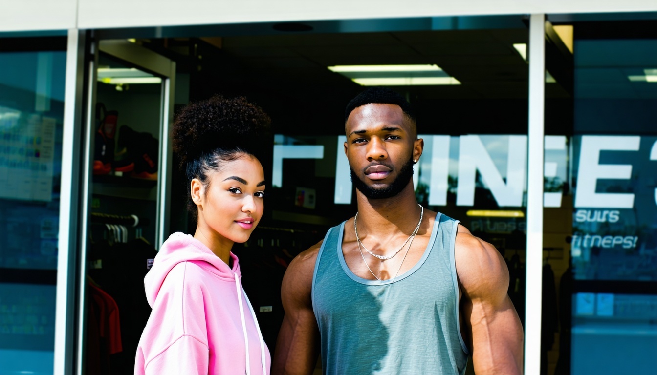 Una joven pareja negra vista de frente entrando en una tienda de fitness-2