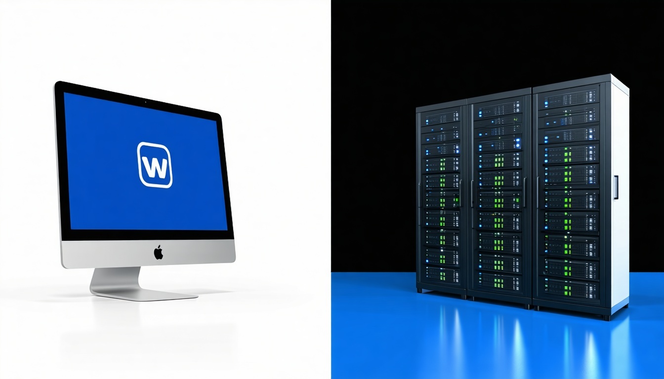 imagen dividida en dos: una mitad representa un monitor con logotipo y la otra mitad servidores web-2
