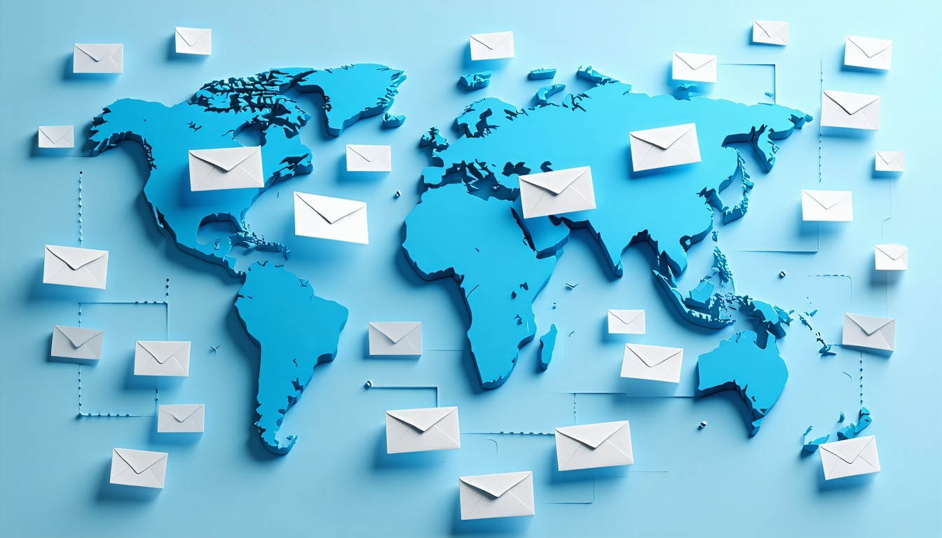 mapa del mundo mientras los correos electrónicos vuelan de un continente a otro